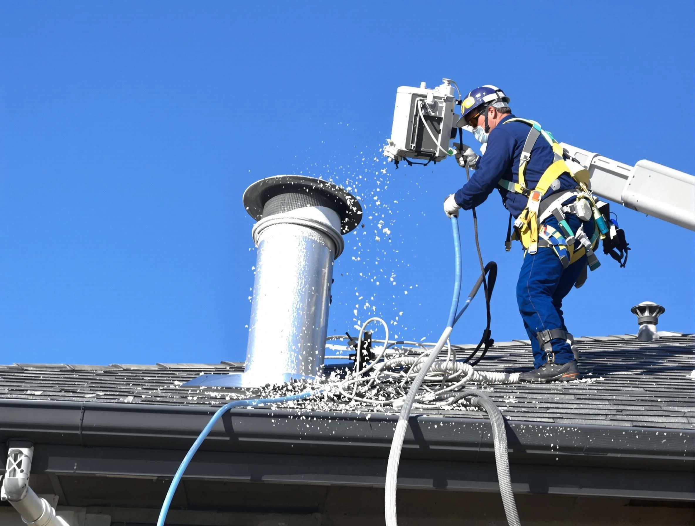 Bethany Dryer Vent Cleaning certified technician safely cleaning a roof-mounted dryer vent in Bethany