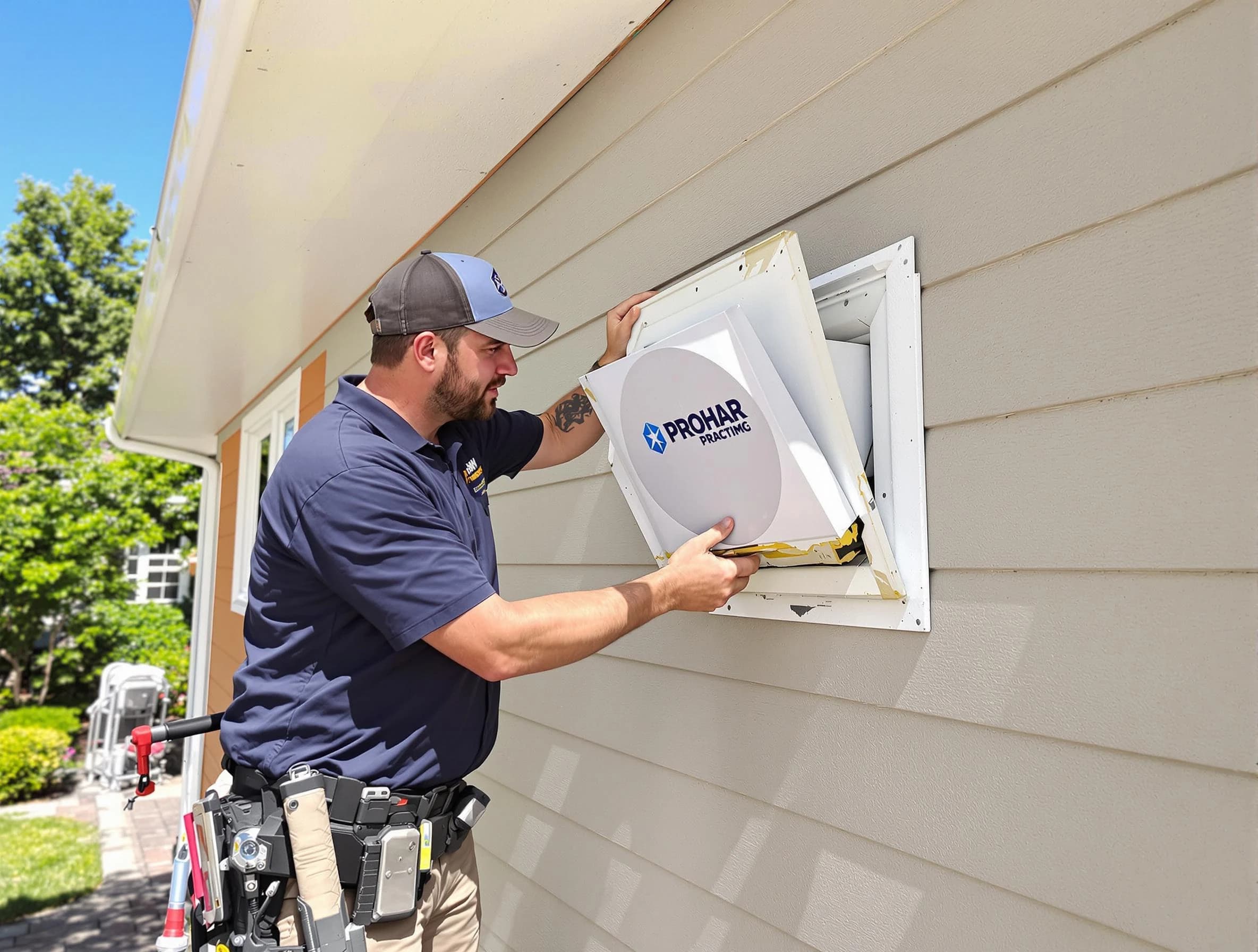 Bethany Dryer Vent Cleaning technician installing a new protective dryer vent cover on a home in Bethany