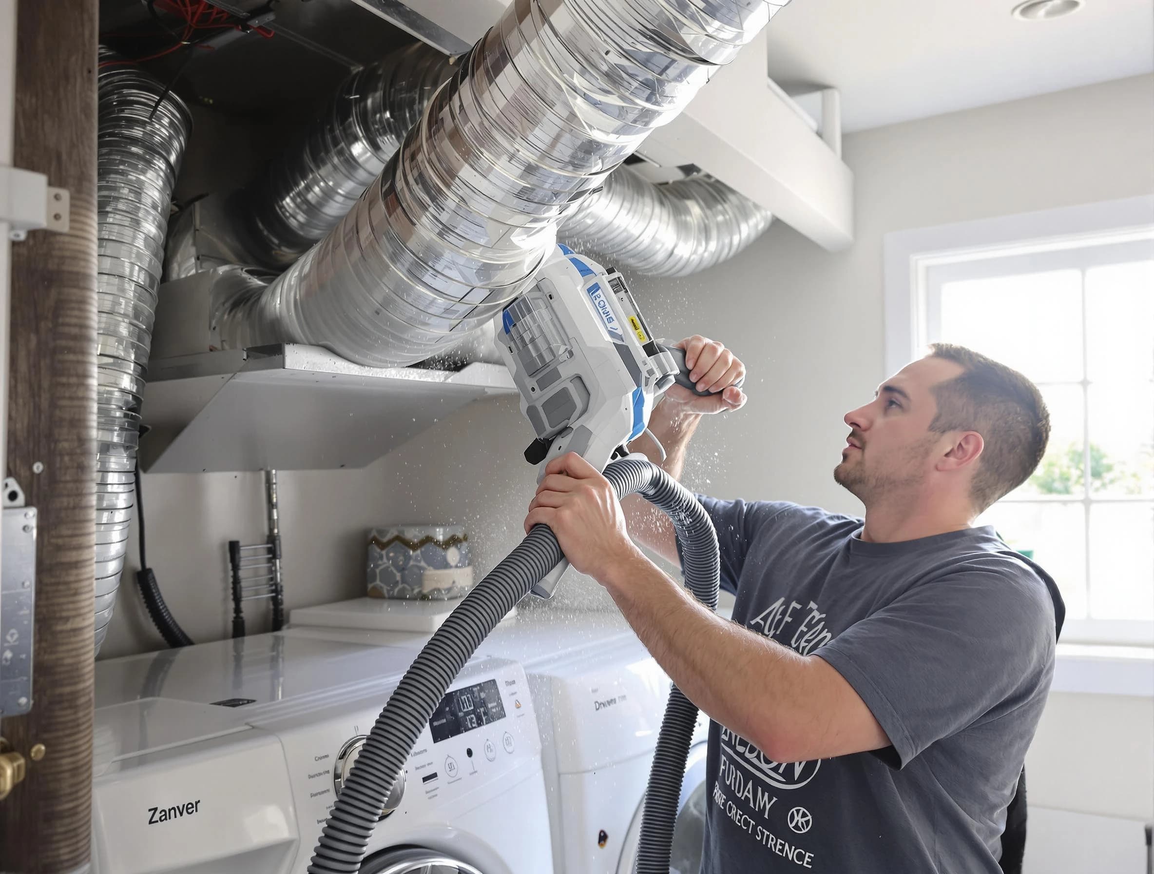 Bethany Dryer Vent Cleaning specialist cleaning deep within a dryer vent duct system in Bethany