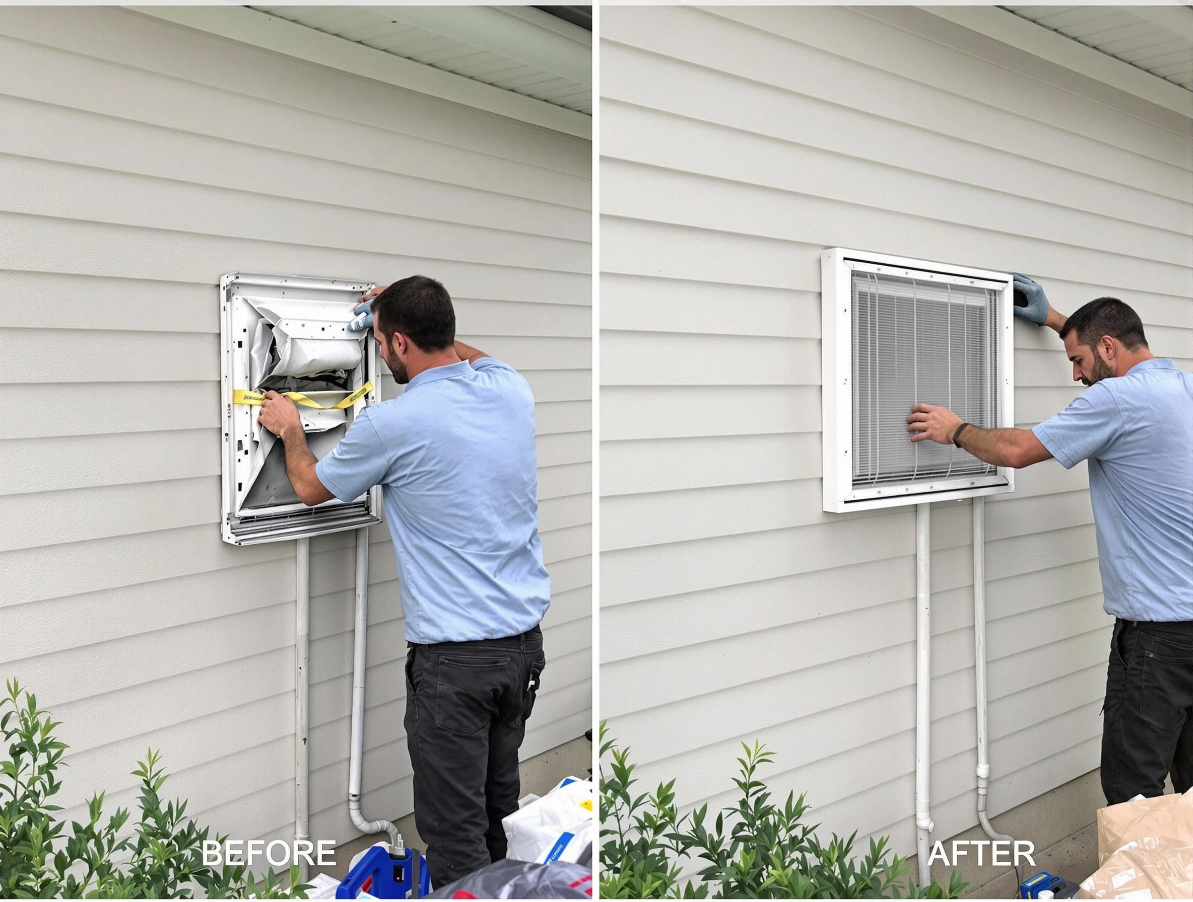 Bethany Dryer Vent Cleaning technician installing high-quality dryer vent cover at a residential property in Bethany